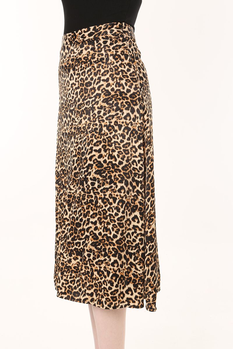 Women Camel Frill Edged Leopard Printed Midi Sateen Skirt