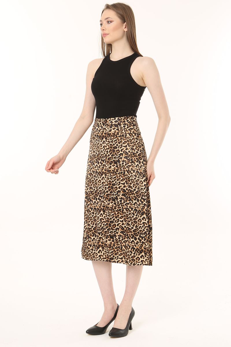 Women Camel Frill Edged Leopard Printed Midi Sateen Skirt