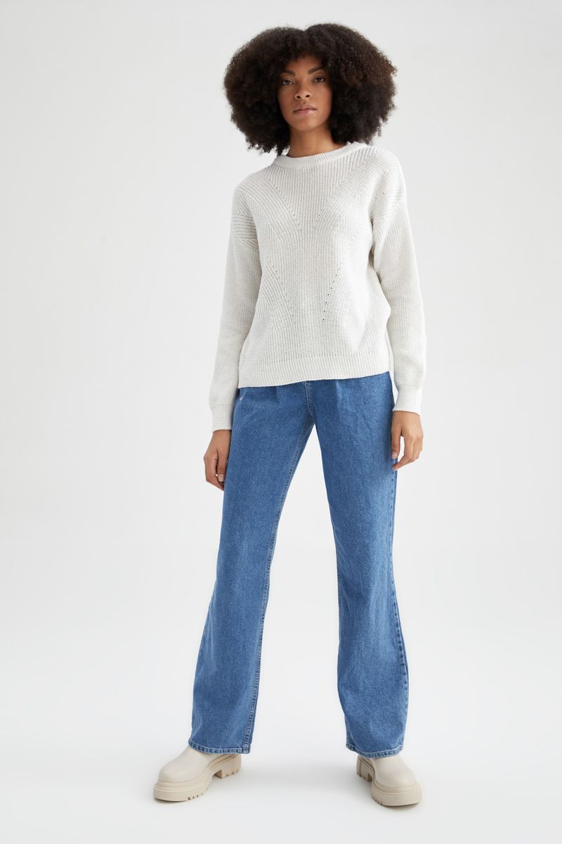 Woman Young Regular Fit Crew Neck Long Sleeve Tricot Pullover - Ecru