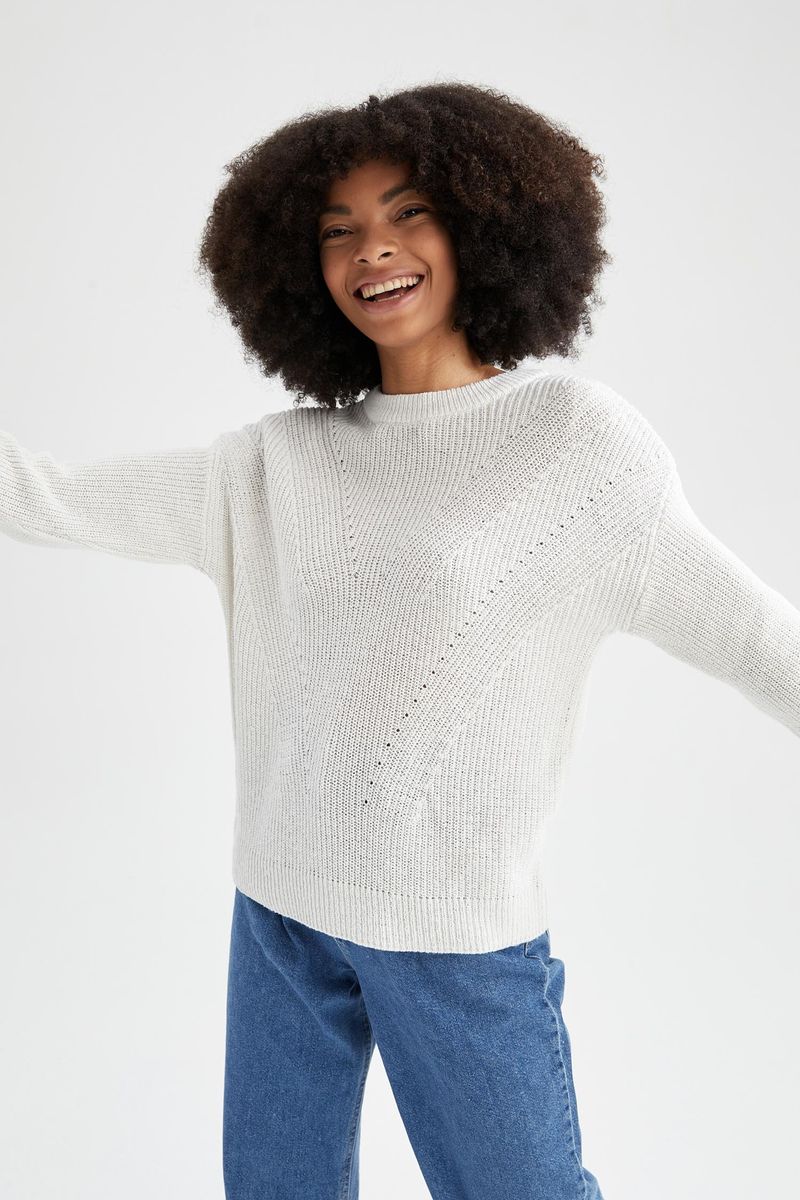Woman Young Regular Fit Crew Neck Long Sleeve Tricot Pullover - Ecru