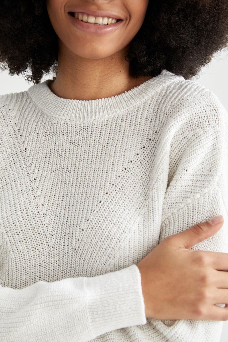 Woman Young Regular Fit Crew Neck Long Sleeve Tricot Pullover - Ecru