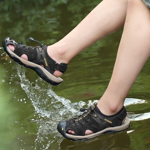 Cow Leather Sandals Men's Summer Shoes Big Size 38-48 Handmade Male Sandals Beach Water Shoes Outdoor Anti-Collision Mountain Trekking Shoes Black