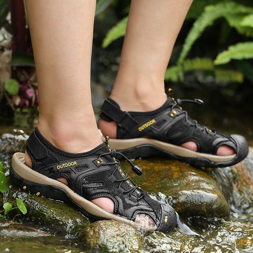 Cow Leather Sandals Men's Summer Shoes Big Size 38-48 Handmade Male Sandals Beach Water Shoes Outdoor Anti-Collision Mountain Trekking Shoes Black