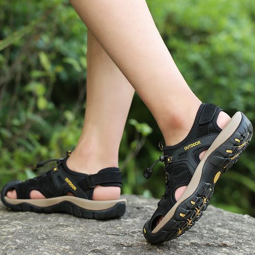 Cow Leather Sandals Men's Summer Shoes Big Size 38-48 Handmade Male Sandals Beach Water Shoes Outdoor Anti-Collision Mountain Trekking Shoes Black