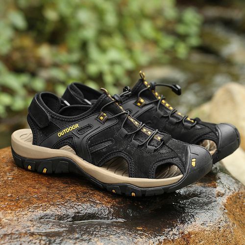 Cow Leather Sandals Men's Summer Shoes Big Size 38-48 Handmade Male Sandals Beach Water Shoes Outdoor Anti-Collision Mountain Trekking Shoes Black