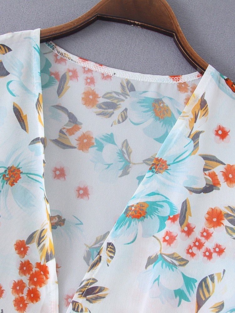 Fashion Women Floral Print Cardigan Half Sleeve Open Front
