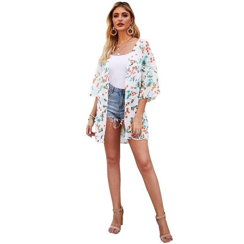 Fashion Women Floral Print Cardigan Half Sleeve Open Front