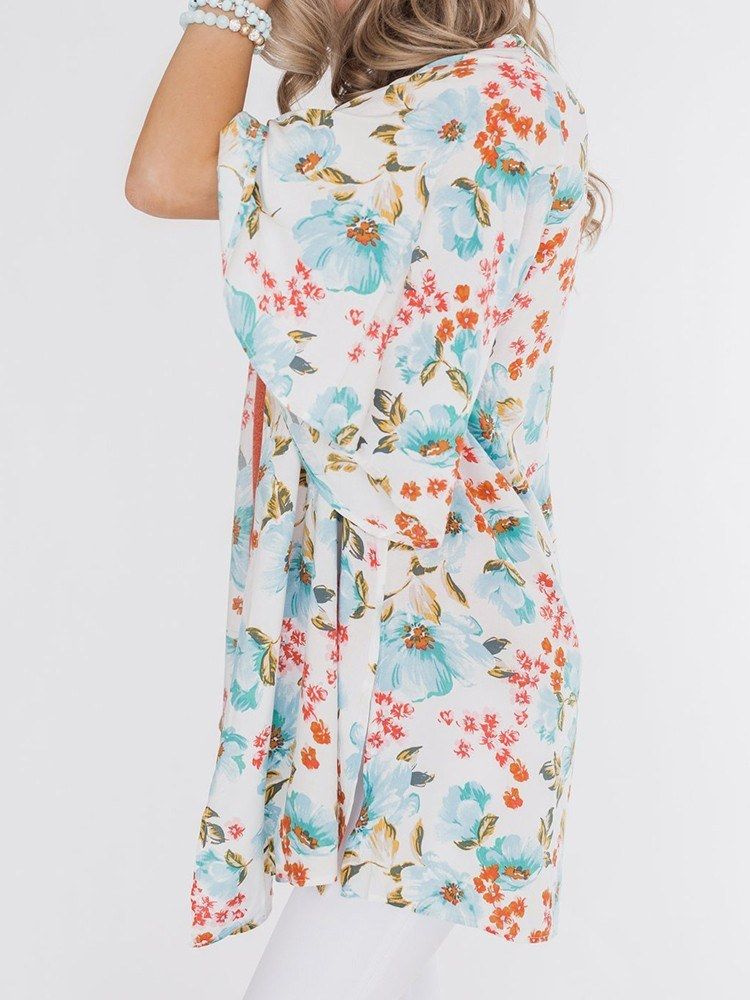 Fashion Women Floral Print Cardigan Half Sleeve Open Front