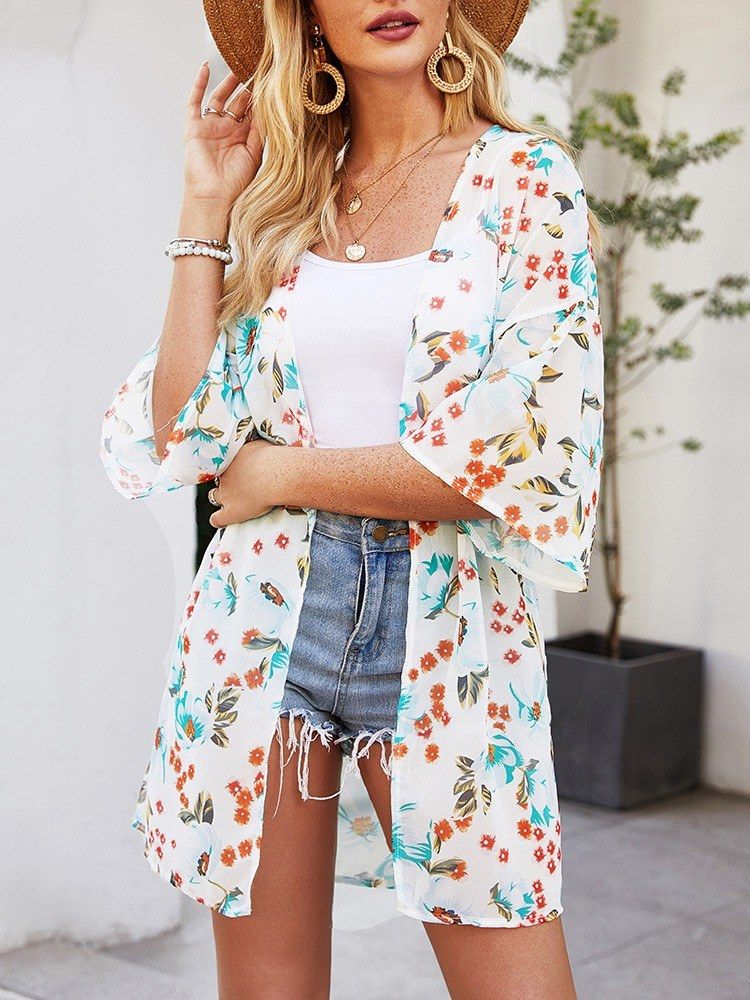 Fashion Women Floral Print Cardigan Half Sleeve Open Front