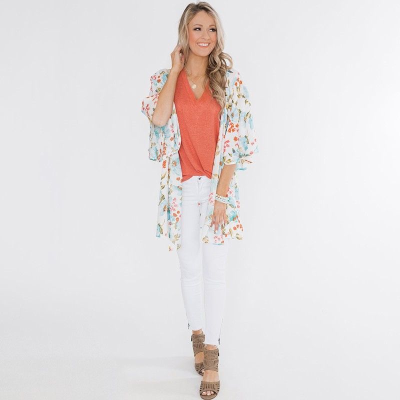 Fashion Women Floral Print Cardigan Half Sleeve Open Front