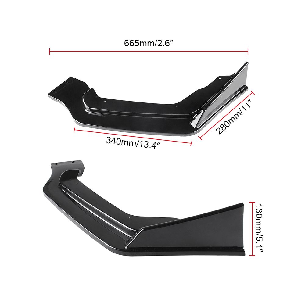 3pcs Front Bumper Bright Black Pp Chin Lip Spoiler Trim For