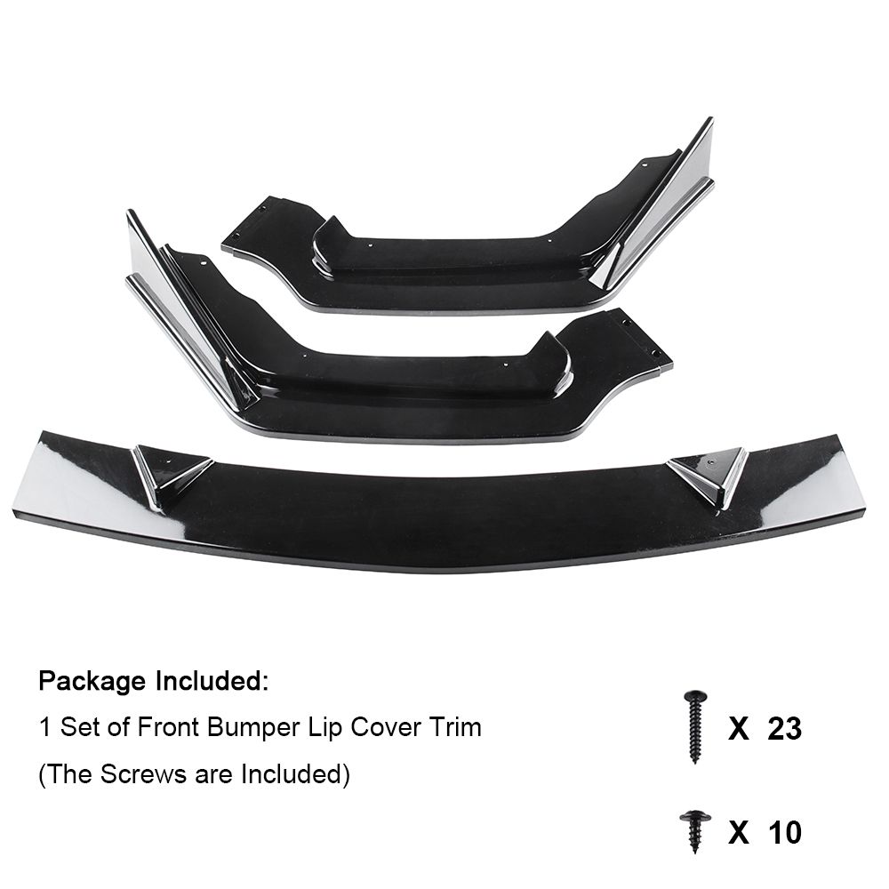 3pcs Front Bumper Bright Black Pp Chin Lip Spoiler Trim For