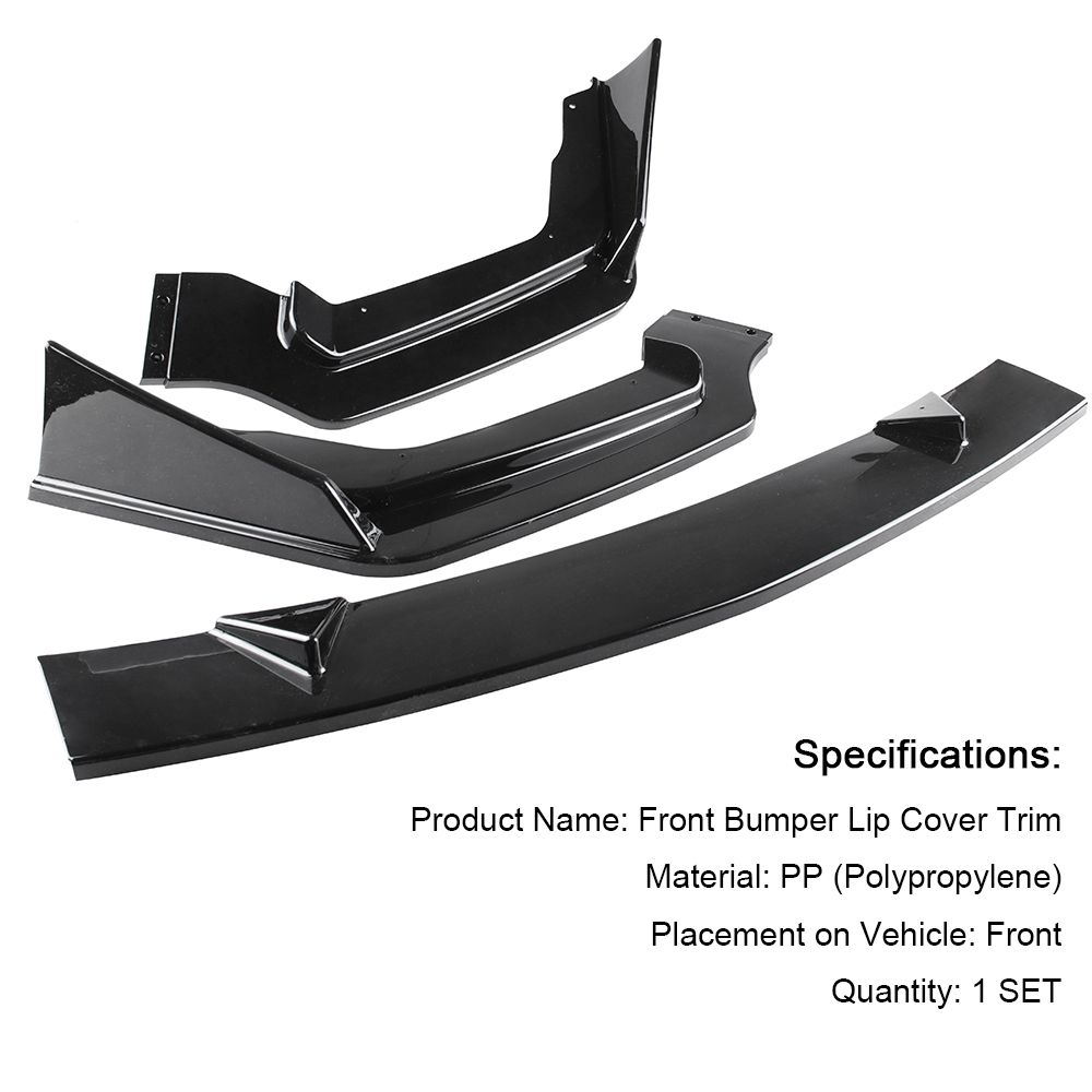 3pcs Front Bumper Bright Black Pp Chin Lip Spoiler Trim For