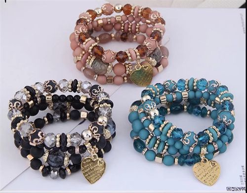 (4 Pieces/set) Multi Layered Bohemian Bracelet Resin Beads Women's Vintage Heart Charm Bracelet