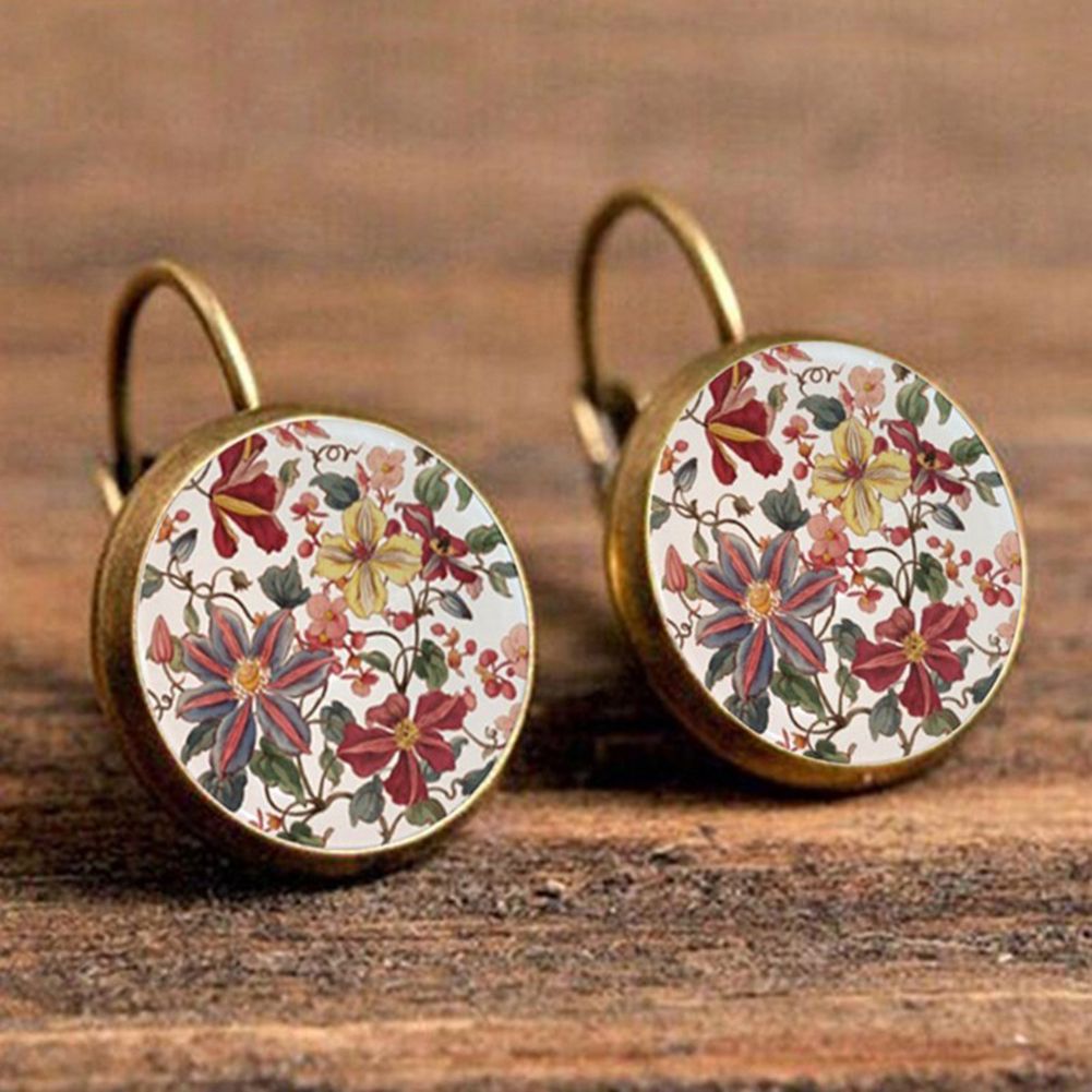 Vintage Flower Printed Round Pendant Women Leverback Earrings Party Jewelry-Silver