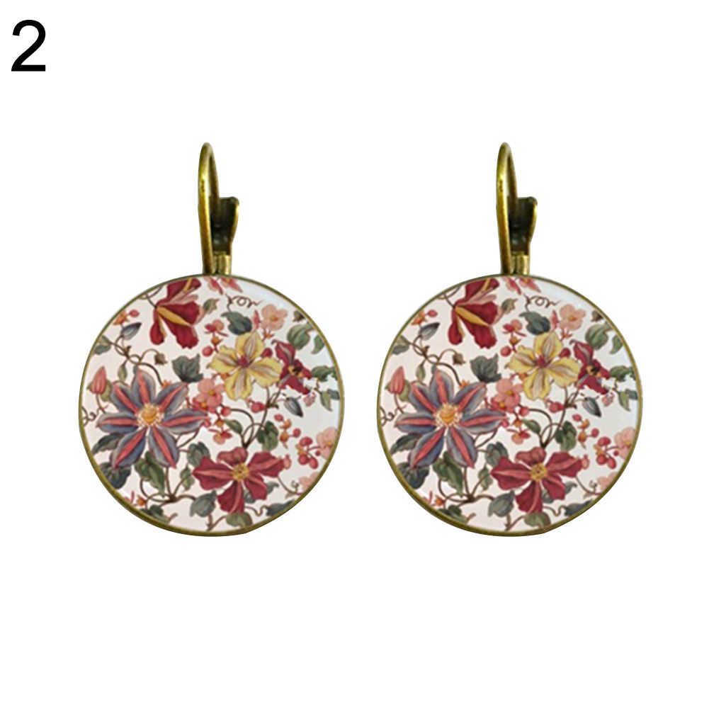 Vintage Flower Printed Round Pendant Women Leverback Earrings Party Jewelry-Silver