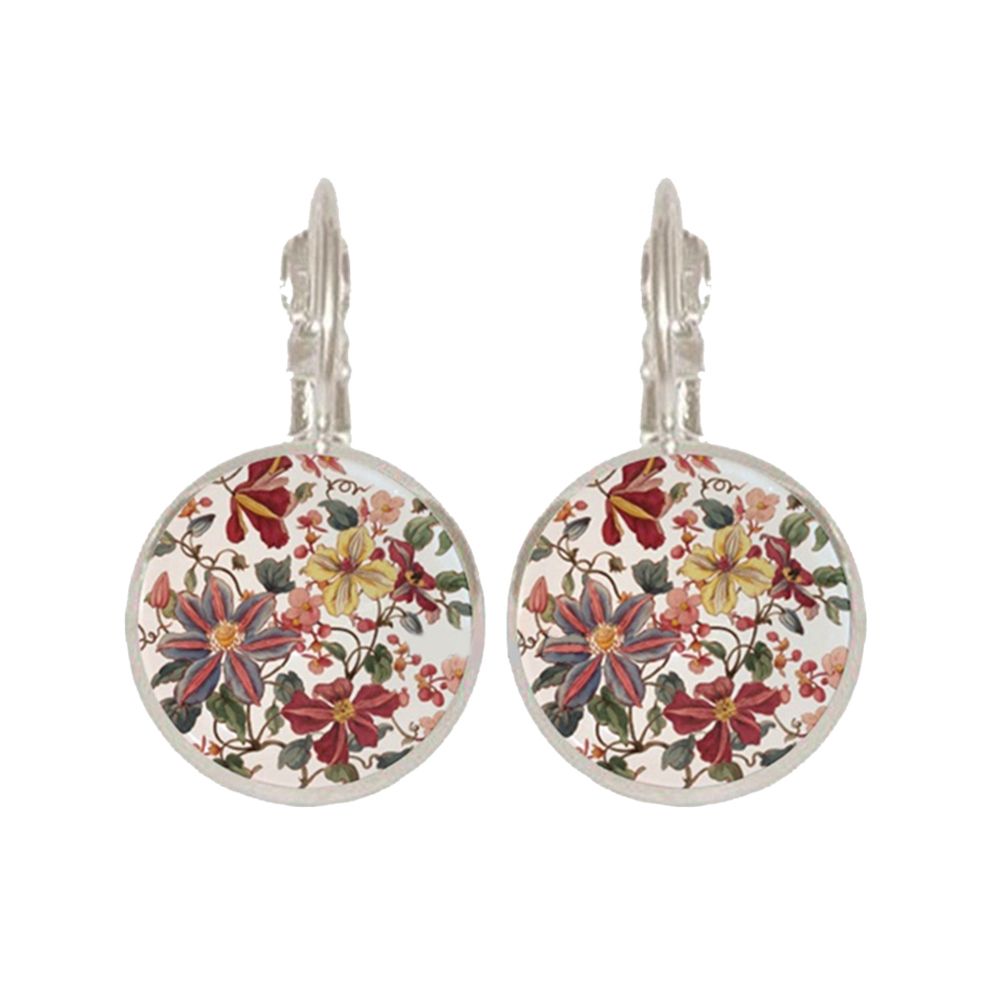 Vintage Flower Printed Round Pendant Women Leverback Earrings Party Jewelry-Silver