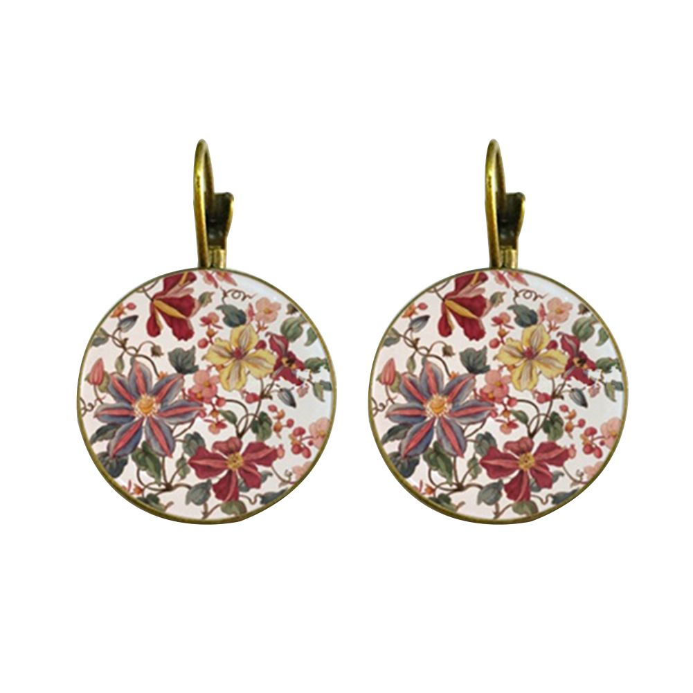 Vintage Flower Printed Round Pendant Women Leverback Earrings Party Jewelry-Silver