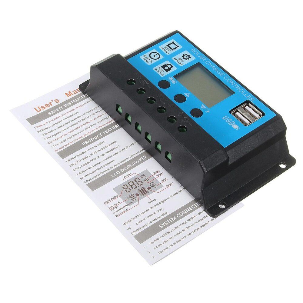 10/20/30A 12/24V LCD PMW Solar Charge Controller Regulator 2 USB Backlit 30A 10A