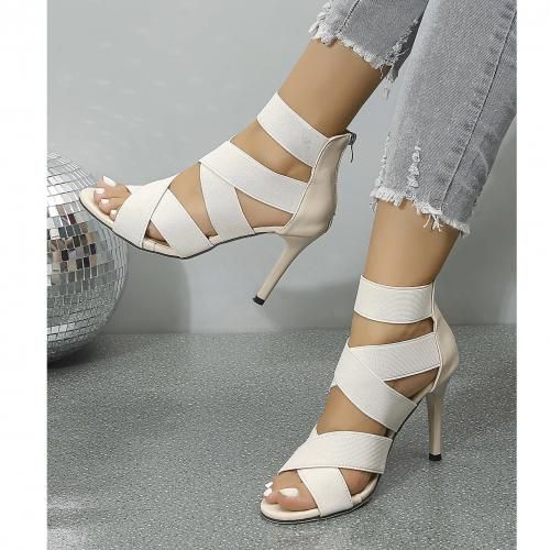 Ladies Sexy Cross Strap High Heels Female Party Sandal Shoes-creamy White