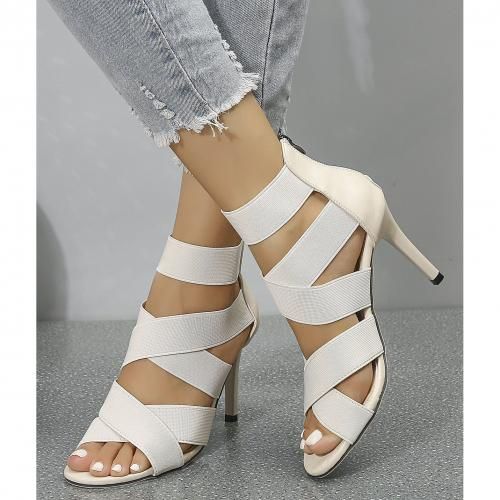 Ladies Sexy Cross Strap High Heels Female Party Sandal Shoes-creamy White