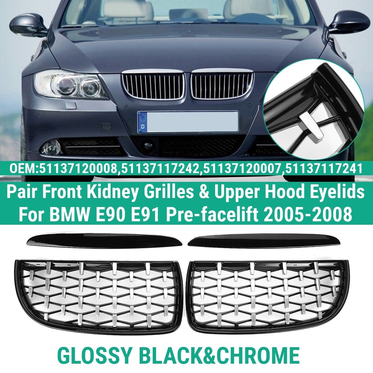 Pair Front Kidney Grill Grilles Diamond Mesh Upper Hood Eyelids For BMW E90 E91