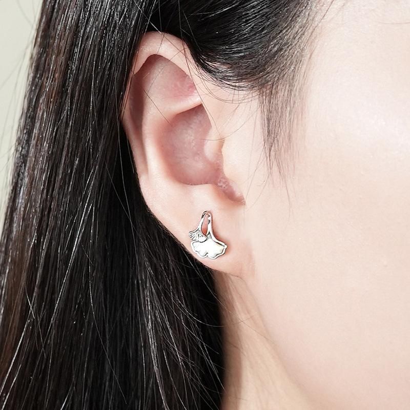 Ginkgo Leaf Ear Studs Women's 999 Sterling Silver Forest Series White Shell Foot Silver Earrings Versatile