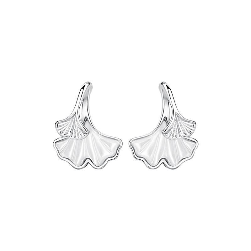 Ginkgo Leaf Ear Studs Women's 999 Sterling Silver Forest Series White Shell Foot Silver Earrings Versatile