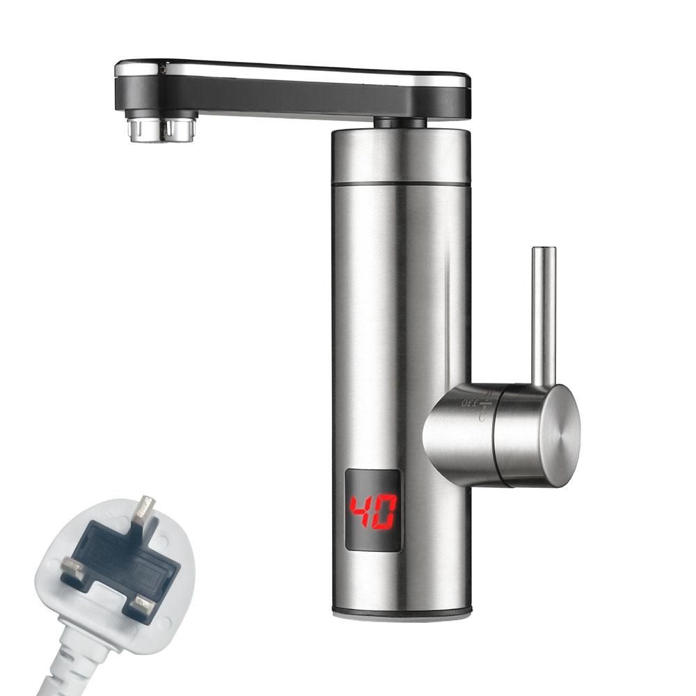 Electric Instant Heater Tap 3300W High Efficiency LED Digital Temperature Display Stainless Steel IPX4 360 Degrees Swivel Single Handle Cold and Hot Fast Heating Tankless Electric Faucet for Kitchen Bathroom