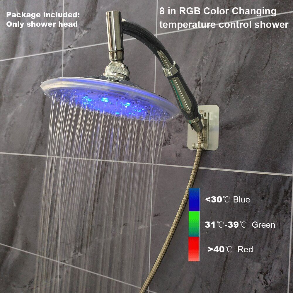 Top Round LED Rainfall Shower Head Automatically RGB Color-Changing Temperature Sensor Showerhead Ceiling Mounted Shower
