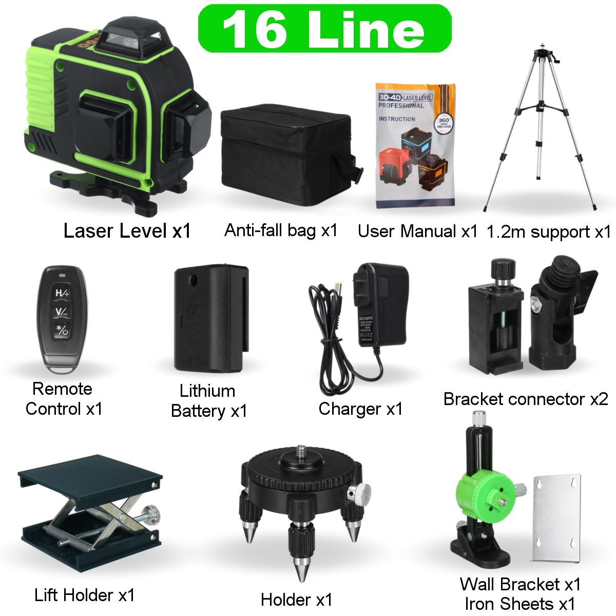 4D 16 Lines Green Laser Levels 360 Horizontal &Vertical Cross Lines With Auto Self-Leveling Super Powerful Laser Beam-Set B Wth 1.2M Tripo