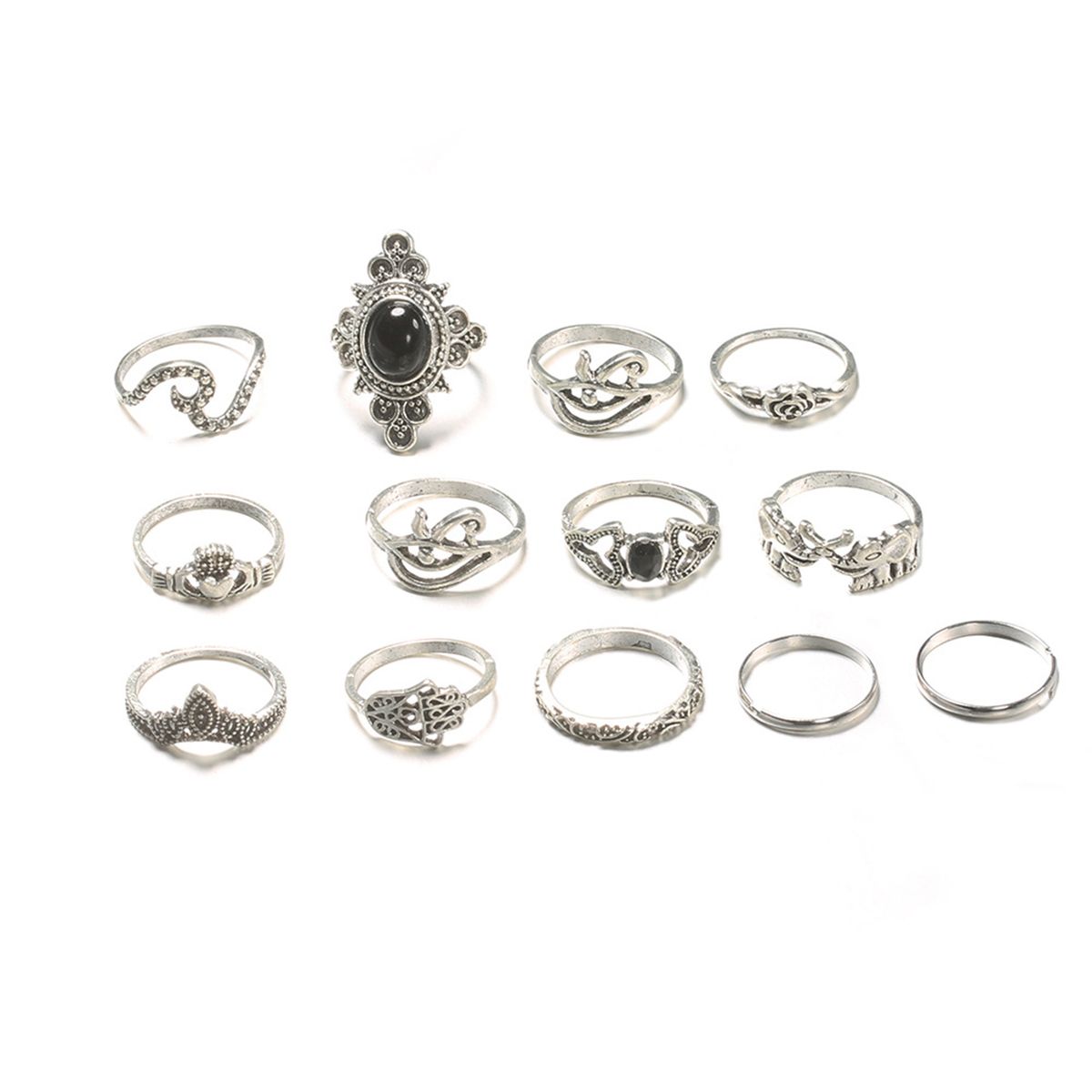 13Pcs Women Accessories Vintage Silver Elephant Black