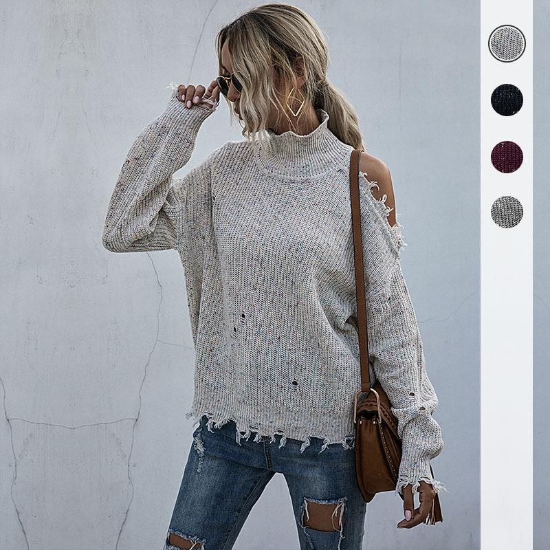 Loose, off-shoulder, broken, long-sleeved, high-neck knitted sweaters for autumn