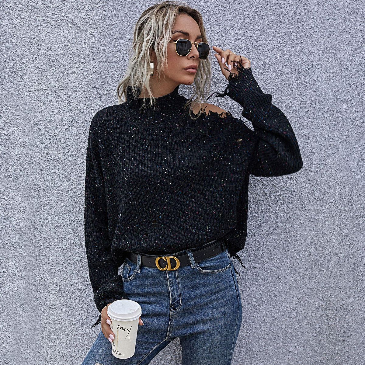 Loose, off-shoulder, broken, long-sleeved, high-neck knitted sweaters for autumn