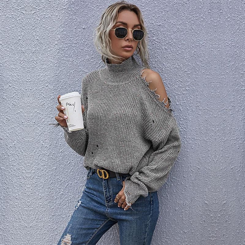 Loose, off-shoulder, broken, long-sleeved, high-neck knitted sweaters for autumn
