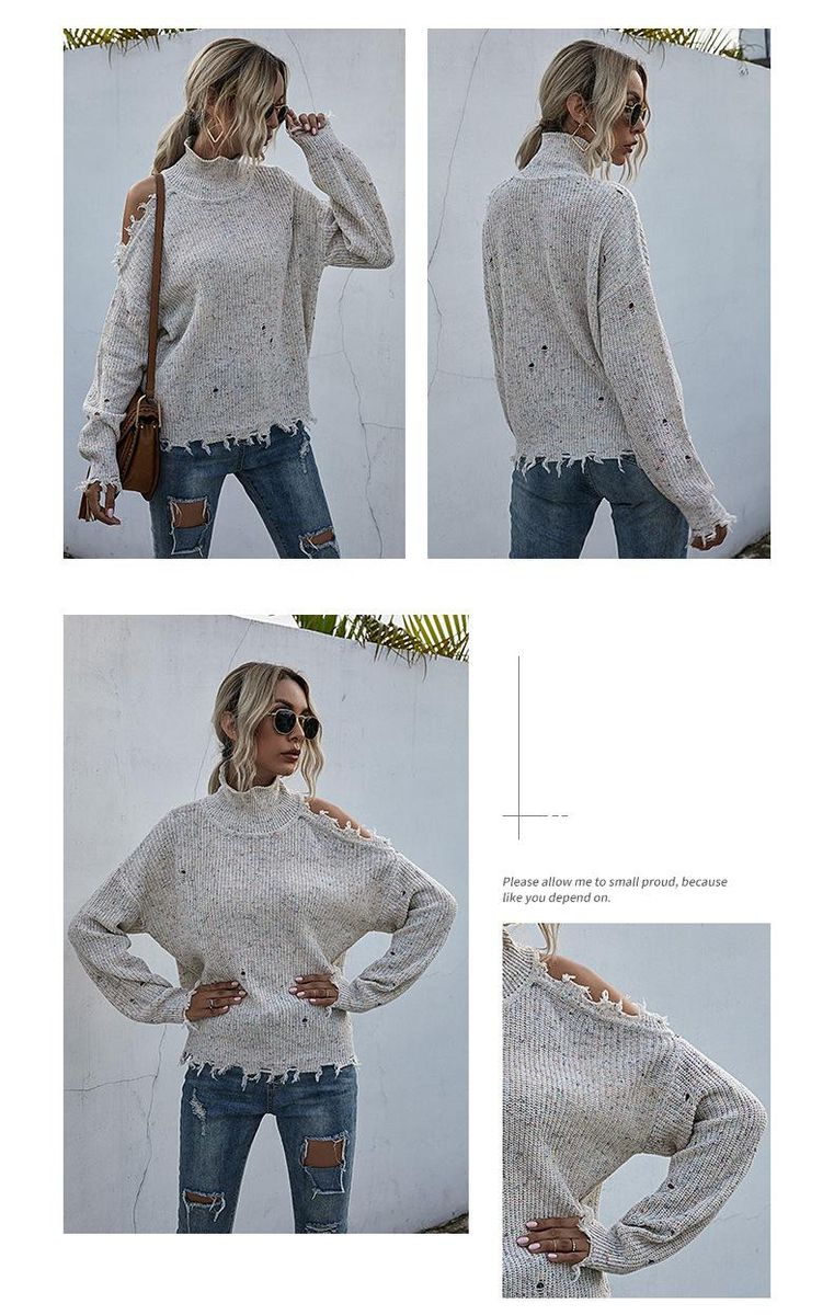 Loose, off-shoulder, broken, long-sleeved, high-neck knitted sweaters for autumn
