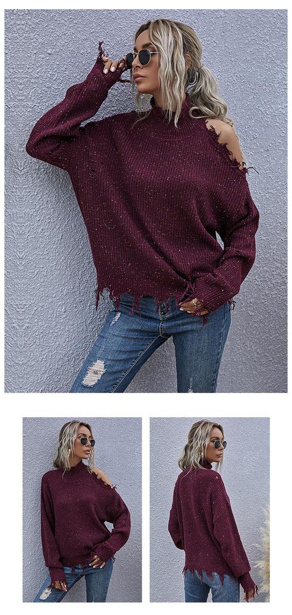 Loose, off-shoulder, broken, long-sleeved, high-neck knitted sweaters for autumn