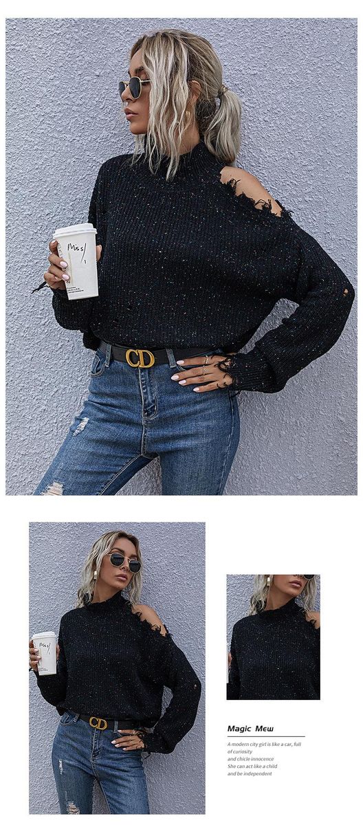 Loose, off-shoulder, broken, long-sleeved, high-neck knitted sweaters for autumn