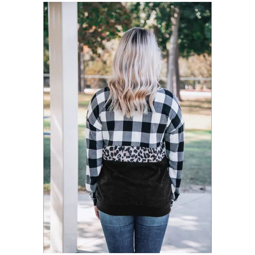 R Black Plaid Leopard Print Splicing Sweatshirt