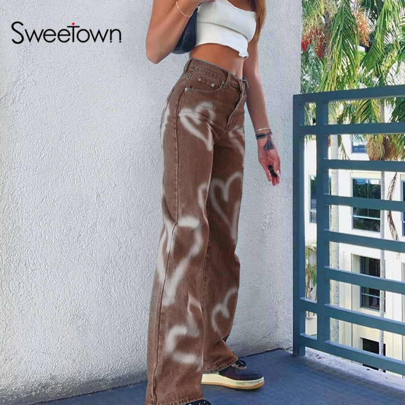 Sweetown Brown Baggy E Girl Jeans Women Heart Print New Aesthetic Explosive