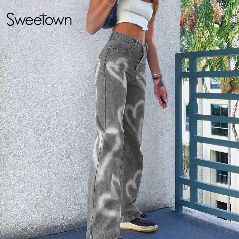 Sweetown Brown Baggy E Girl Jeans Women Heart Print New Aesthetic Explosive