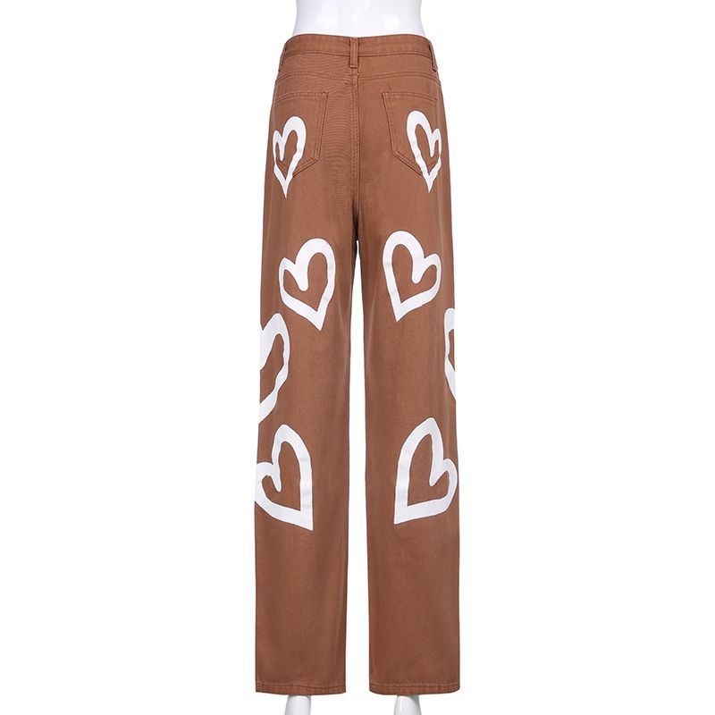 Sweetown Brown Baggy E Girl Jeans Women Heart Print New Aesthetic Explosive