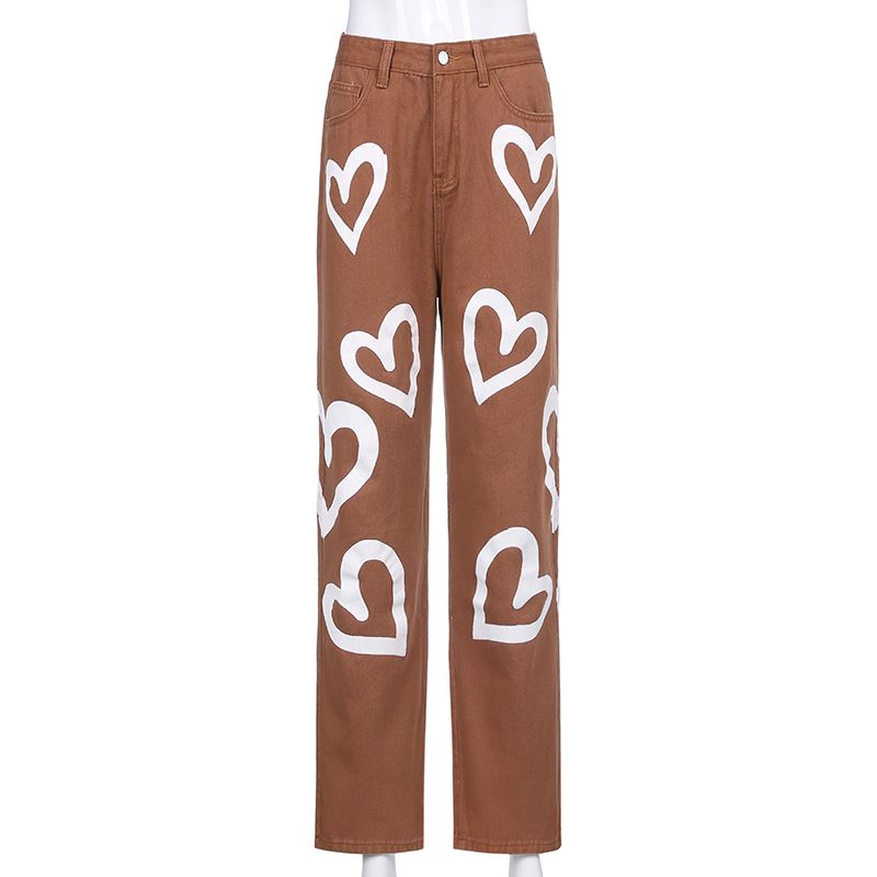 Sweetown Brown Baggy E Girl Jeans Women Heart Print New Aesthetic Explosive