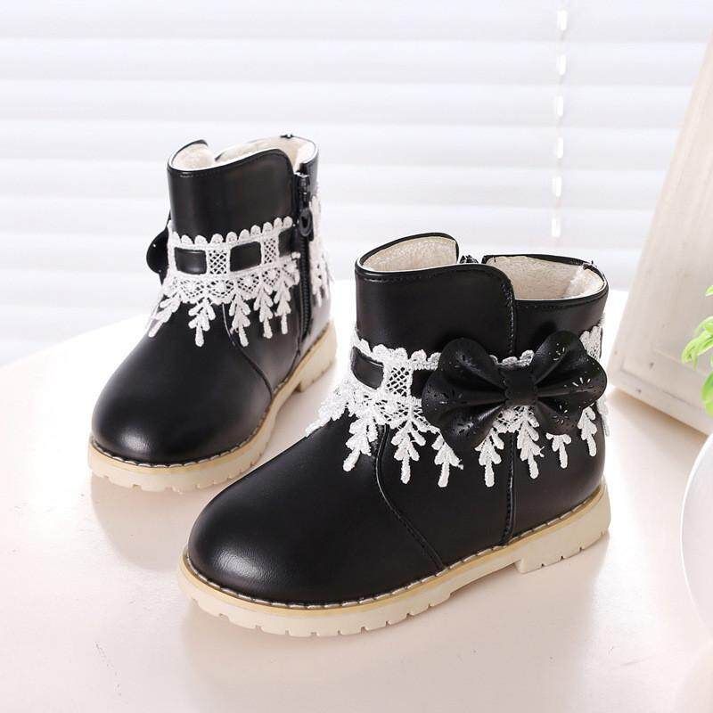 Waterproof Baby Kids Girls Children Lace Snow Ankle Boots Casual Princess Shoes Black 25