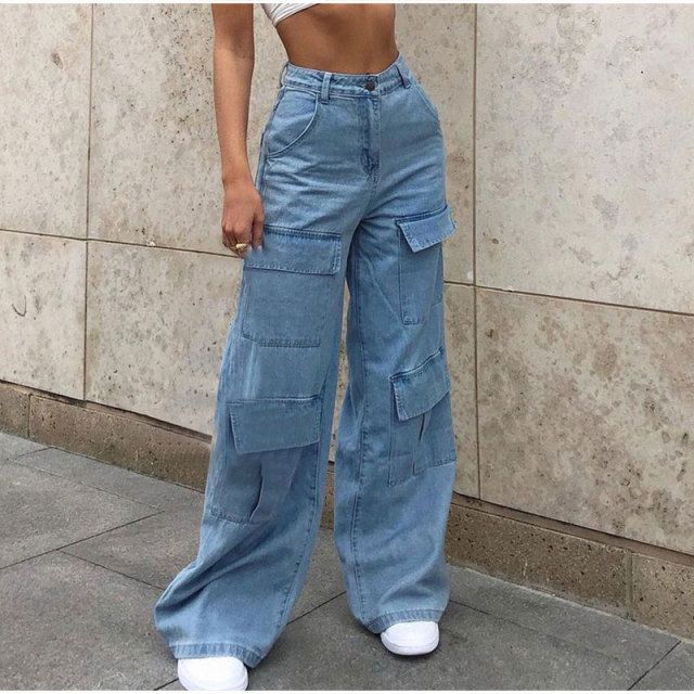 Plus Size Women Vintage Y2k Big Pockets Cargo Pants Baggy Straight Explosive