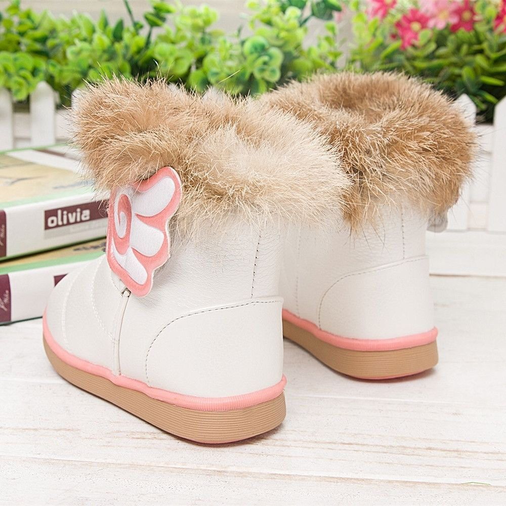 Child Girls Kids Winter Warm Booties Leather Rabbit Fur Shoes Snow Ankle Boots NEW White 21