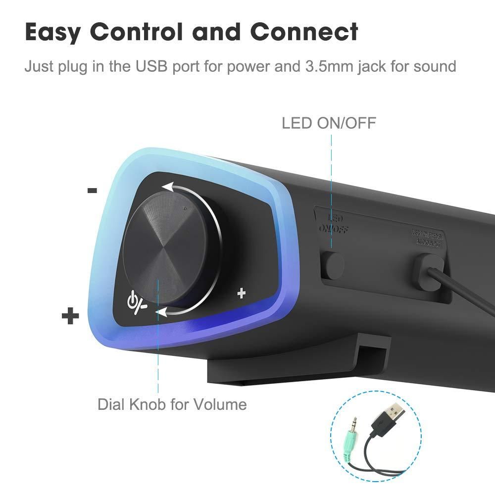 Computer Speakers, USB Powered Small PC Speakers, Colorful RGB Lights with Switch Button, Surround Sound Portable Computer Sound Bar Speaker for Desktop Laptop