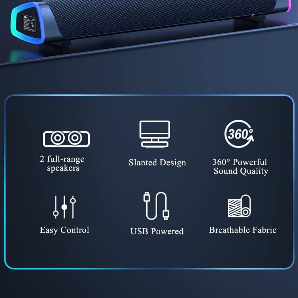Computer Speakers, USB Powered Small PC Speakers, Colorful RGB Lights with Switch Button, Surround Sound Portable Computer Sound Bar Speaker for Desktop Laptop