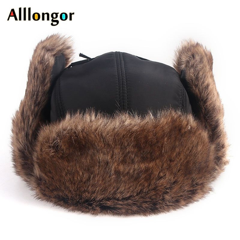 Waterproof Russian Fur Er Hat Men   Winter Warm Faux Fox Fur Ear Flaps Snow Ski Cap Pilot  Soviet Hats-