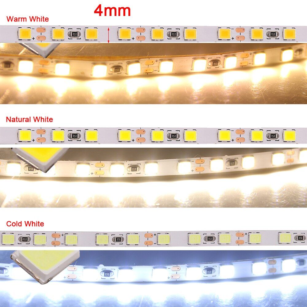 4mm PCB 2835 LED Strip Light 12V Super Bright 3528 120LED/m 5m 600 Pixel Flexible LED Tape Lights Warm White Cold/ Natural White-Cold White-5m Total 600LEDs--
